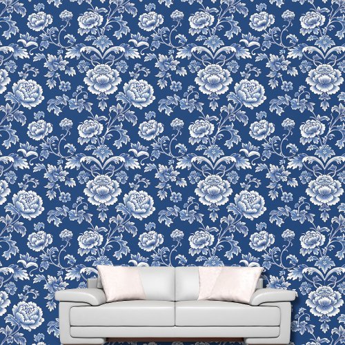 Vintage Classic Chinoiserie Blue White Floral Wallpaper