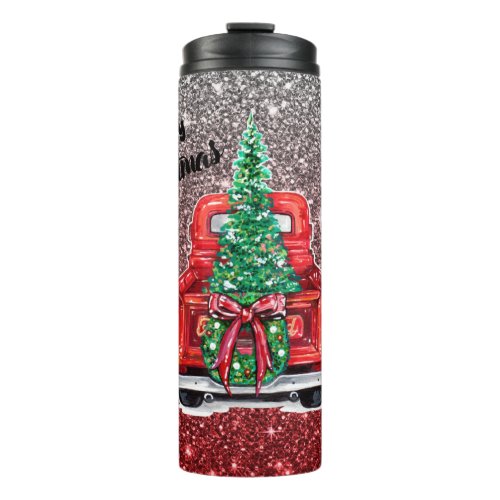 Vintage Classic Christmas Red Truck Glitter Thermal Tumbler