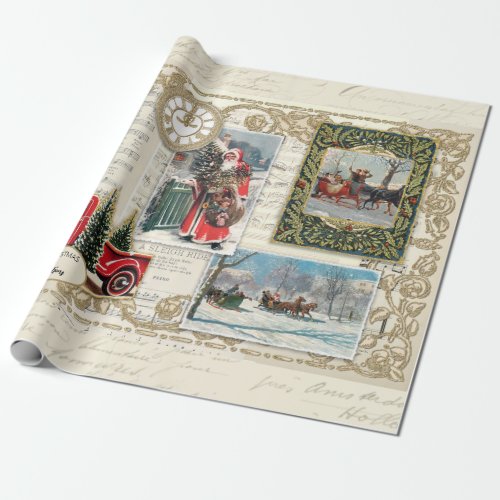 Vintage Classic Christmas Santa Red Truck Sleigh Wrapping Paper