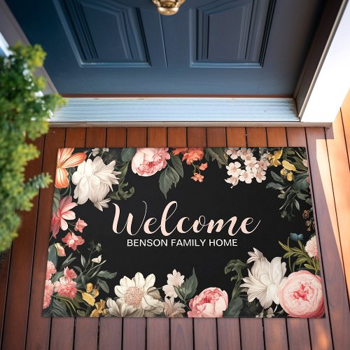 Vintage Classic Floral on Black Family Name Doormat