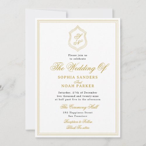 Vintage classic gold crest monogram white wedding invitation