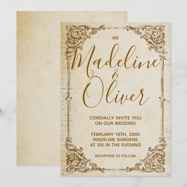 Vintage Classic Golden Frame Wedding Invitation (Front/Back)