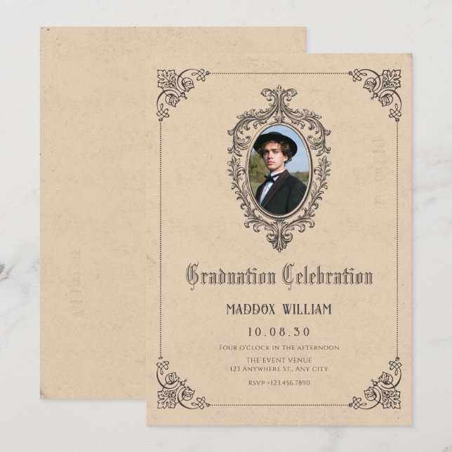 Vintage Classic gothic graduation photo Invitation (Front/Back)