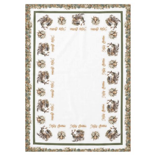 Vintage classic green gold Reindeer and sleigh Tablecloth