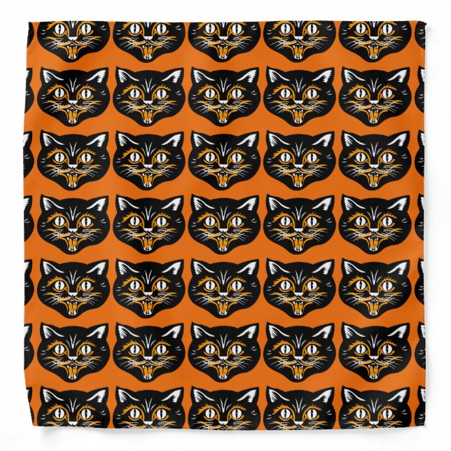 Vintage Classic Halloween Black Cat Face Fangs Bandana (Front)