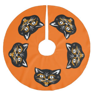 Vintage Classic Halloween Black Cat Face Fangs Brushed Polyester Tree Skirt