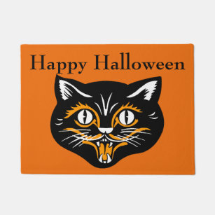 Vintage Classic Halloween Black Cat Face Fangs Doormat