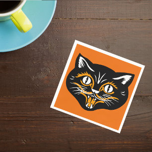 Vintage Classic Halloween Black Cat Face Fangs Napkins