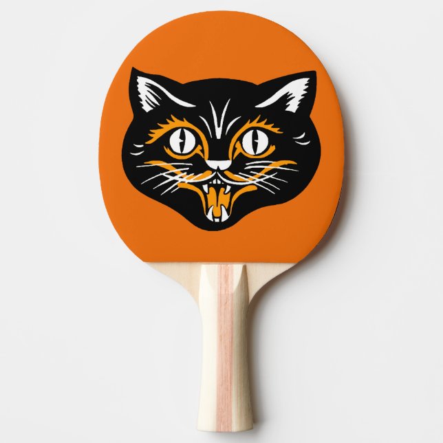 Vintage Classic Halloween Black Cat Face Fangs Ping-Pong Paddle (Front)