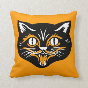 Vintage Classic Halloween Black Cat Face Fangs Throw Pillow