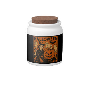 Vintage, classic Halloween witch, ghost & pumpkins Candy Jar