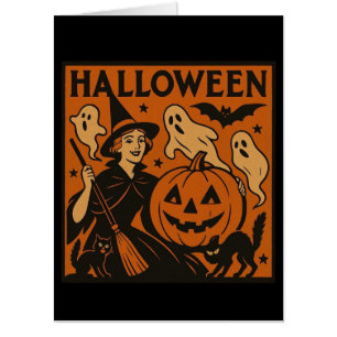 Vintage, classic Halloween witch, ghost & pumpkins Card