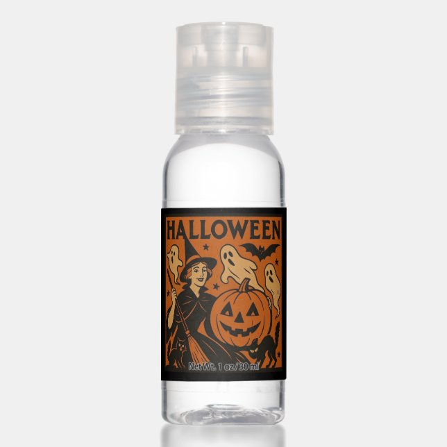 Vintage, classic Halloween witch, ghost & pumpkins Hand Sanitizer (Front)