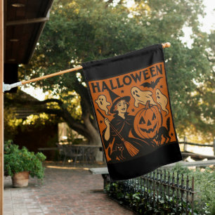 Vintage, classic Halloween witch, ghost & pumpkins House Flag
