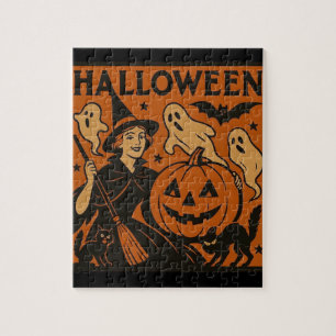 Vintage, classic Halloween witch, ghost & pumpkins Jigsaw Puzzle