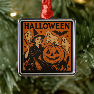 Vintage, classic Halloween witch, ghost & pumpkins Metal Ornament