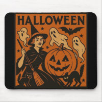 Vintage, classic Halloween witch, ghost & pumpkins