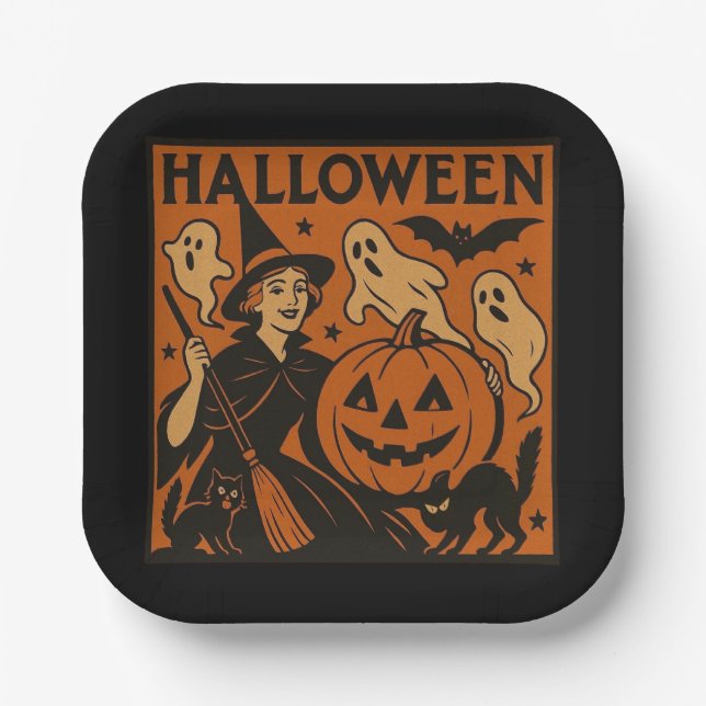 Vintage, classic Halloween witch, ghost & pumpkins Paper Plates (Front)