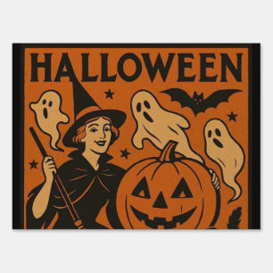 Vintage, classic Halloween witch, ghost & pumpkins Sign