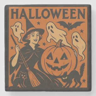 Vintage, classic Halloween witch, ghost & pumpkins Stone Coaster