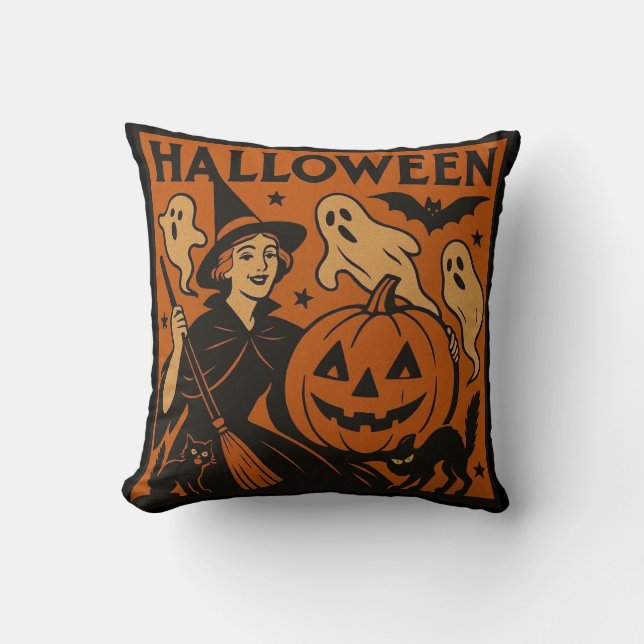 Vintage, classic Halloween witch, ghost & pumpkins Throw Pillow (Front)