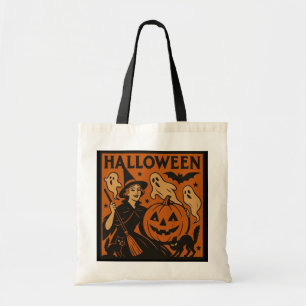Vintage, classic Halloween witch, ghost & pumpkins Tote Bag