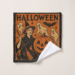 Vintage, classic Halloween witch, ghost & pumpkins Wash Cloth
