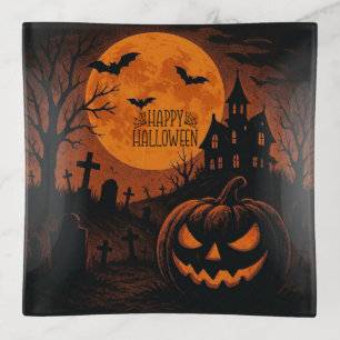 Vintage, classic Happy Halloween pumpkin Trinket Tray