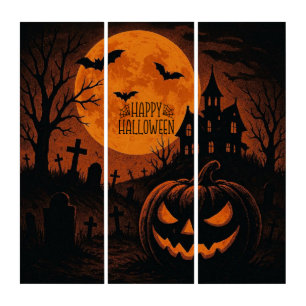 Vintage, classic Happy Halloween pumpkin Triptych