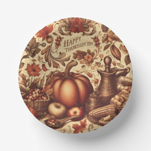 Vintage/Classic Happy Thanksgiving Paper Bowls (Front)