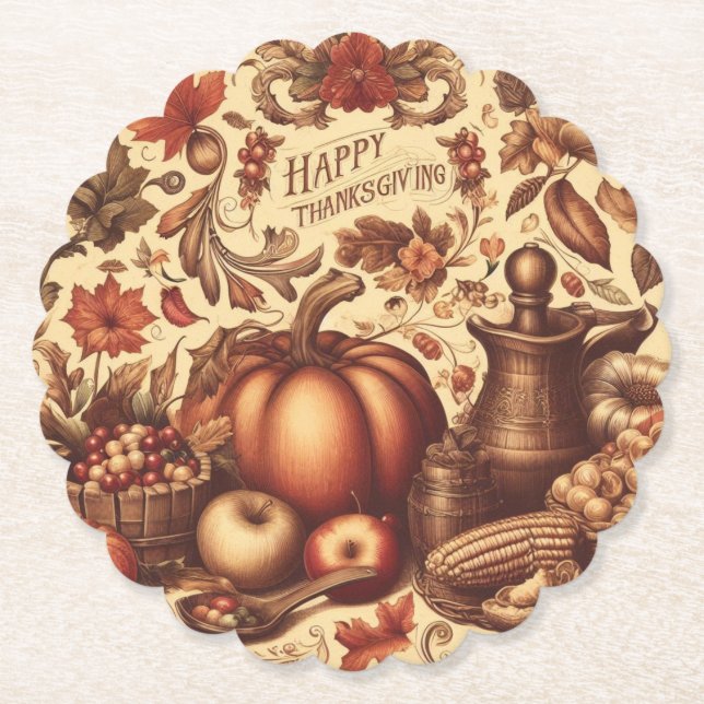 Vintage/Classic Happy Thanksgiving Paper Coaster (Front)