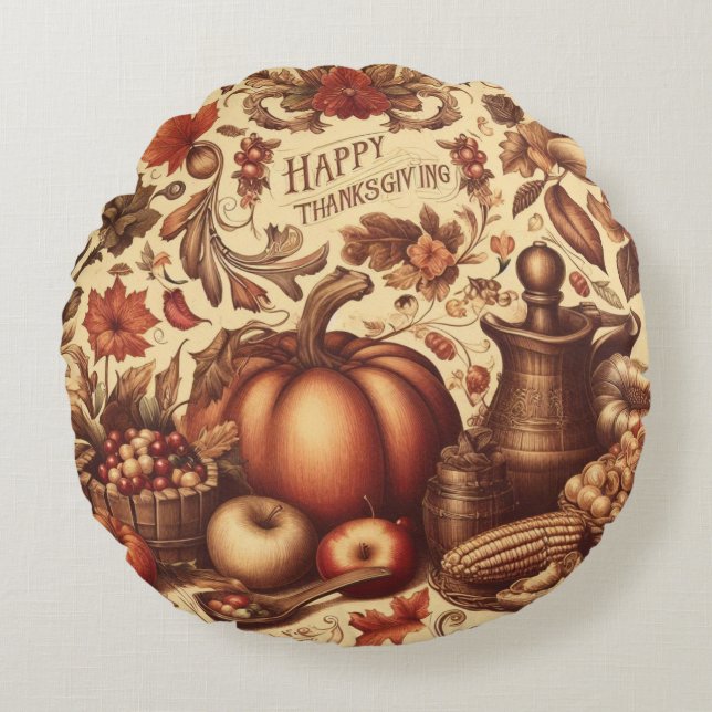 Vintage/Classic Happy Thanksgiving Round Pillow (Front)