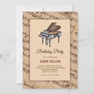 Vintage classic music piano birthday invitation