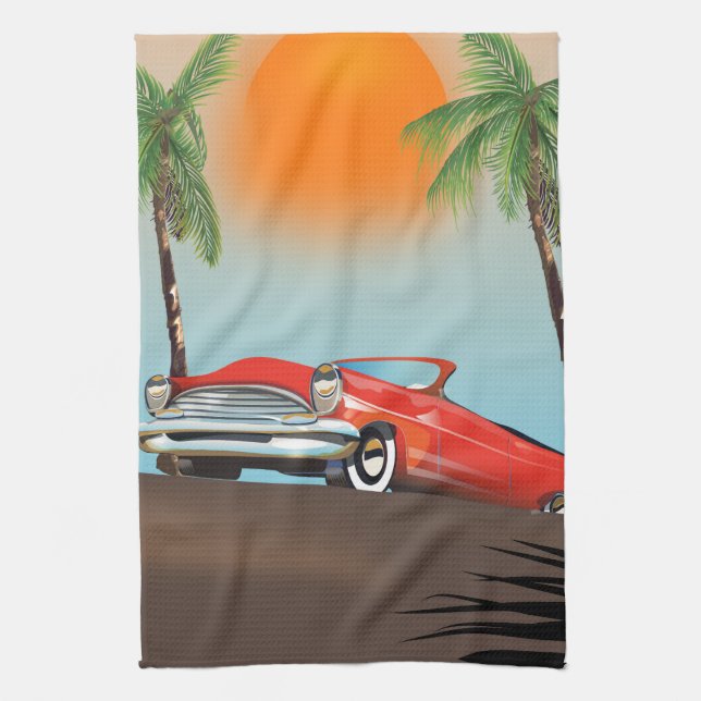 Vintage Classic Red Car In Paradise Kitchen Towel (Vertical)