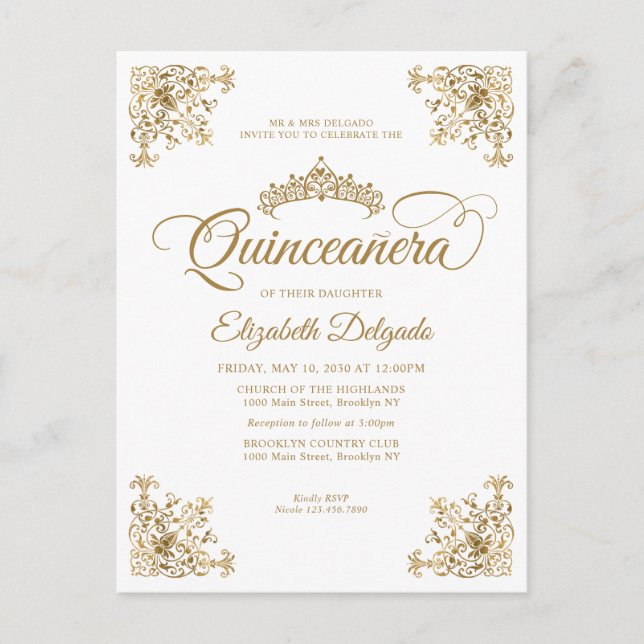 Vintage Classic White Gold Frame Tiara Quinceanera Postcard (Front)