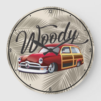 Vintage Classic Woody Surf Wagon Beach Hot Rod Car Large Clock