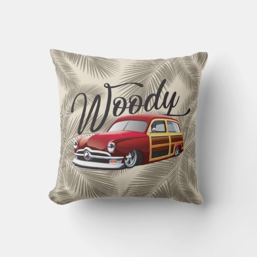 Vintage Classic Woody Wagon  Beach Hot Rod Car Throw Pillow