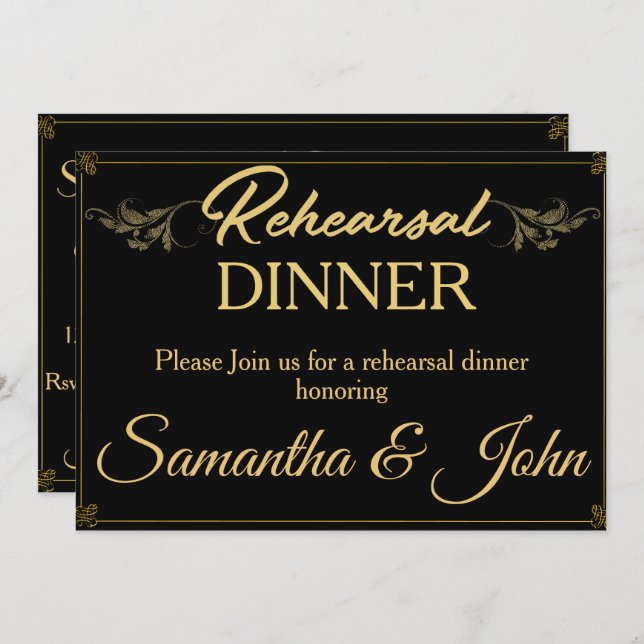 Vintage Classy Black Gold Rehearsal Dinner Invitat Invitation (Front/Back)