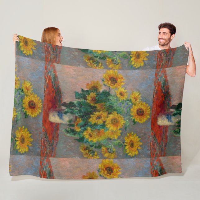 Vintage Claude Monet Bouquet of Sunflowers Fleece Blanket (In Situ)