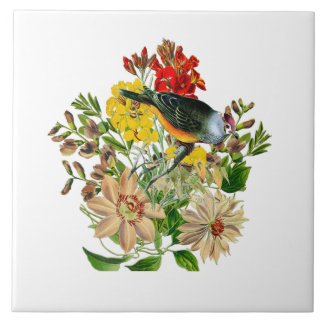 Vintage Clematis Flowers with Songbird Decorative 