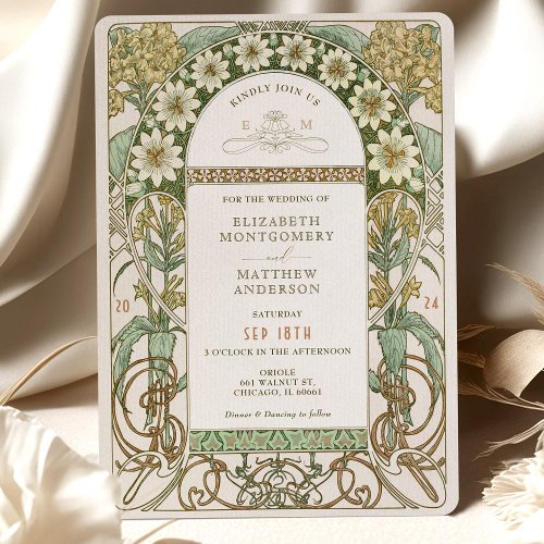 Vintage Clematis  Primrose Art Nouveau Wedding Invitation
