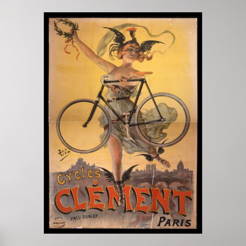 Vintage Clement Paris Bicycle Ad Art Poster Girl