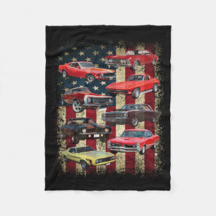 Vintage Clic Muscle Car Retro American Flag Patrio Fleece Blanket