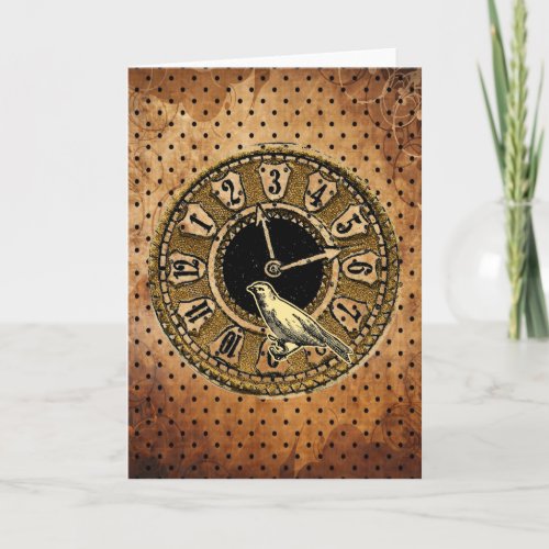 Vintage Clock and Bird Greeting Card