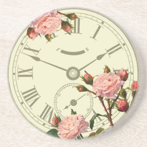 Vintage Clock and Pink Roses Ephemera Coaster