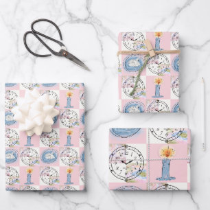 Vintage Clock and Swan Whimsical Pastel Grid Wrapping Paper Sheets