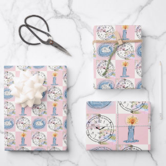 Vintage Clock and Swan Whimsical Pastel Grid Wrapping Paper Sheets