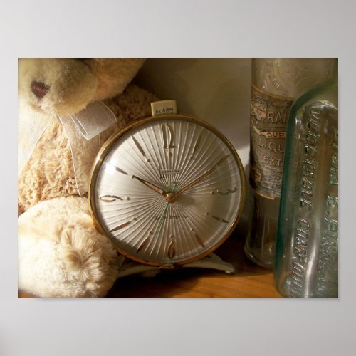 Vintage Clock Antique Bottles  Teddy Bear Poster