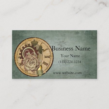 Vintage Clock Face, Rose And Industrial Parts Business Card