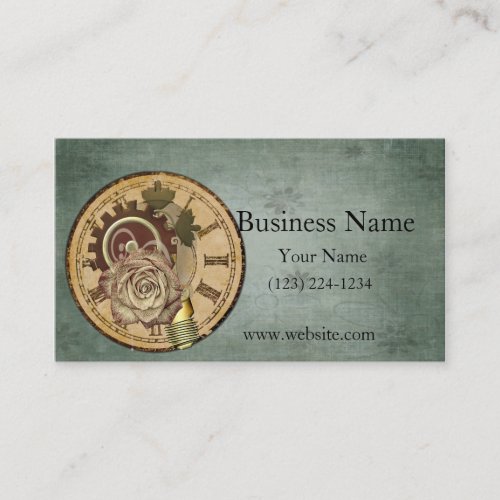 Vintage Clock Face Rose and Industrial Parts Business Card